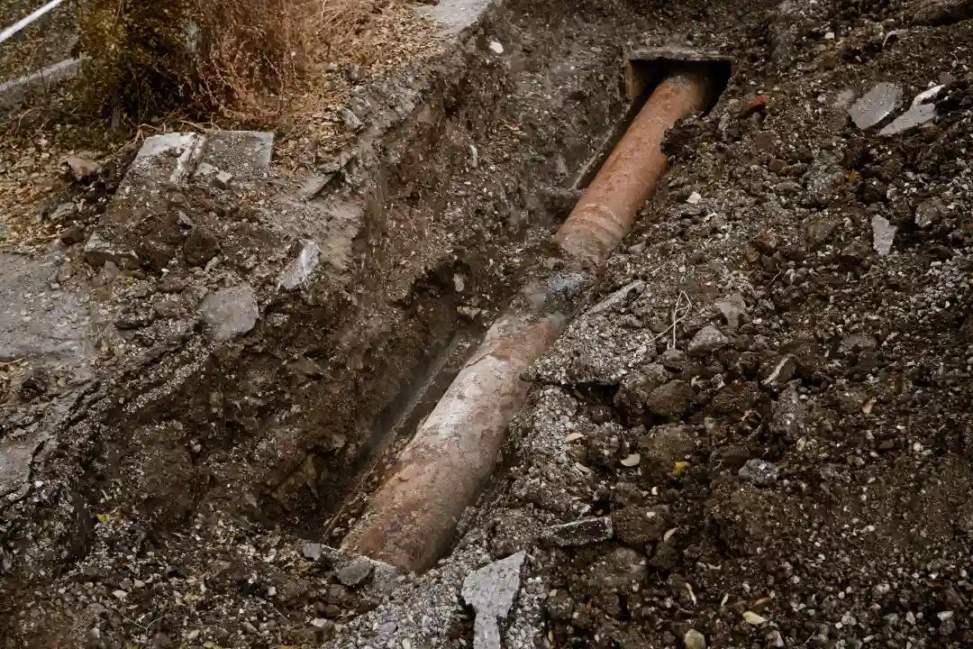An exposed sewer line