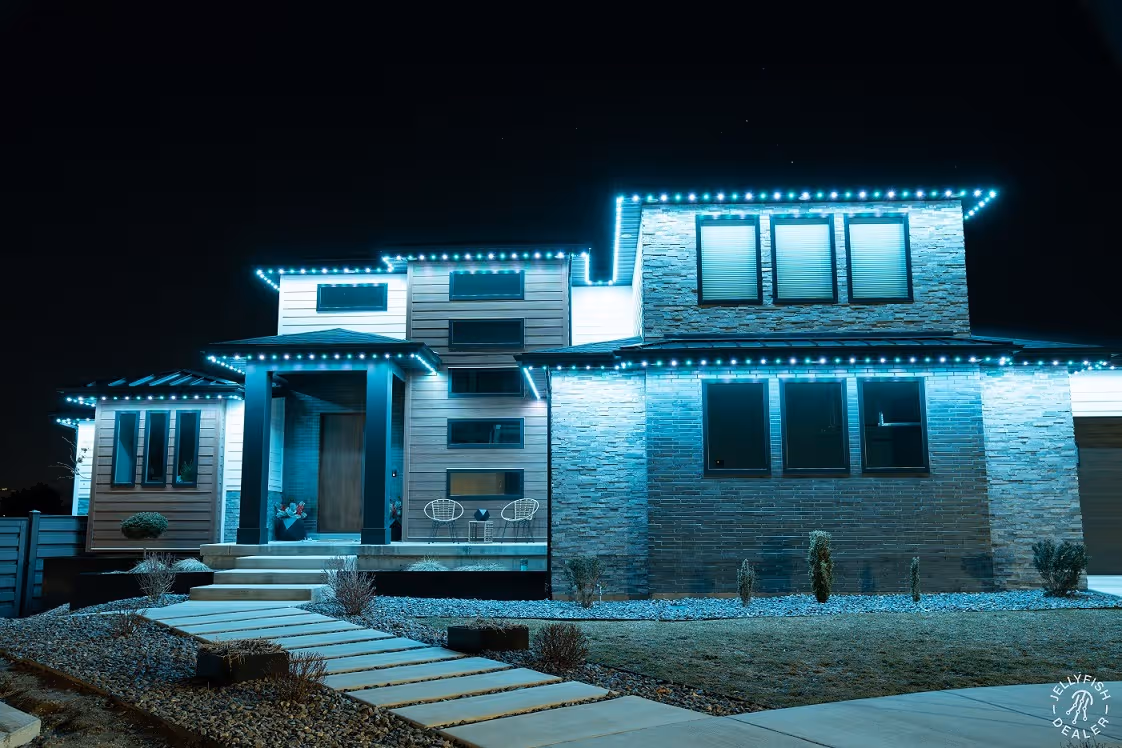 JellyFish permanent outdoor lighting illuminating a home at night